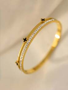 4PCS/1PC Clover Multi-Layer Stackable Bracelet Set, Women's Daily Party Jewelry, Non-Fading Stainless Steel Bangle - Gold - View 4