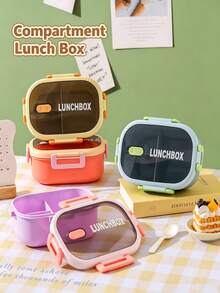 Flip-Top Snap-Lock Divided Plastic Bento Box, Microwave- Leak-Proof Lunch Box With Spoon, Portable For Students, Office Workers And Outdoor Use - Multicolor - View 8
