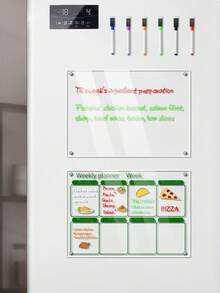 Magnetic Transparent Acrylic Refrigerator Message Board, Minimalist Green Line Design, Monthly/Weekly Plan Whiteboard Erasable Home Fridge Memo Board, No-Drill Magnetic Adsorption Monthly/Weekly Schedule Planner (Includes 6 Colored Markers) - Multicolor - View 7