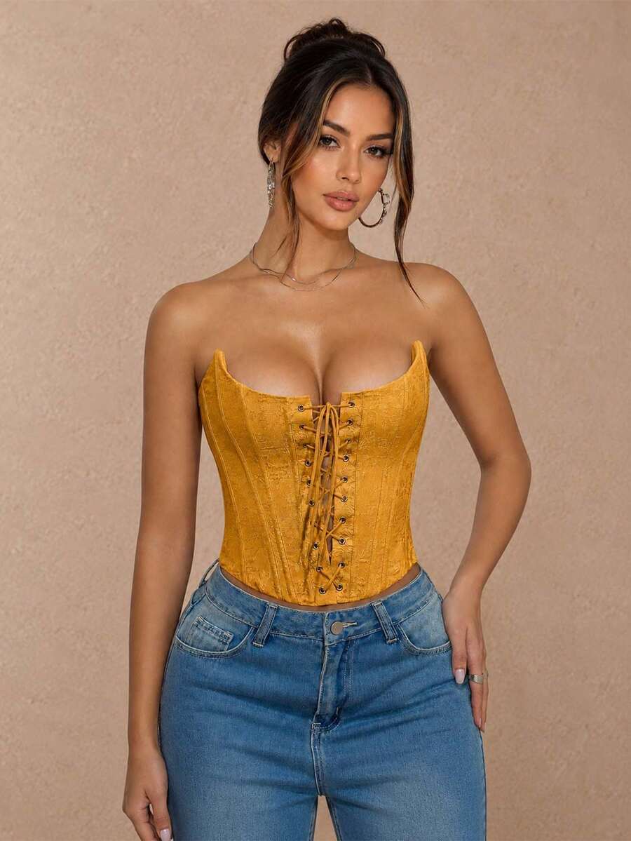 ApperlothPOP Lace-Up Front-Open Corset Tube Top,Floral Embroidery, Asymmetrical Design, Underwire Cropped Bodice Top, Halloween Costume For Women - Yellow - View 1