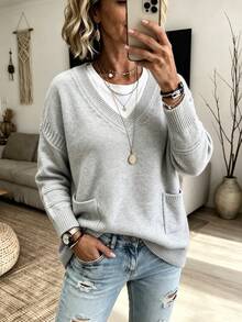 Plus Size Women's Grey V-Neck Pullover Knit Sweater, Versatile Casual Preppy Style - Light Grey - View 2