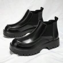 Men's High-Top Leather Riding Boots 2026 Winter New Black Lace-Up Thick Sole Casual Boots Slip-On Elastic Side Design Boots For Daily Commute Street Date Business Occasions Work Boots - Black - View 6