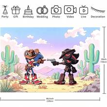 Sonic 西部牛仔決鬥派對背景布，戶外沙漠仙人掌風景攝影背景，男孩遊戲生日派對牆面裝飾 - 彩色 - 查看 9