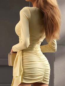Autumn/Winter Bright Yellow Ruffle Trim Fitted Long Sleeve Short Mini Dress, Suitable For Date Night And Party Elegant - Yellow - View 6