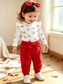 Infant New Year Red Cherry Print Bodysuit Set, Big Red Bow Hem Pants, 2 Pieces Baby Outfit - White - View 11