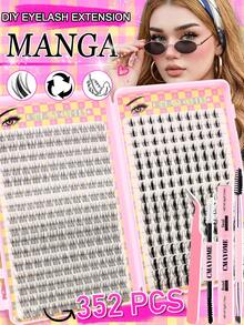 352Pcs Wispy Manga Comic Eye Lash Clusters, 8‑16mm Mixed Length Individual Eyelashes With Bond Seal Glue & Tweezer, DIY At‑Home Lash Extension Kit For Beginners - Pink - View 1