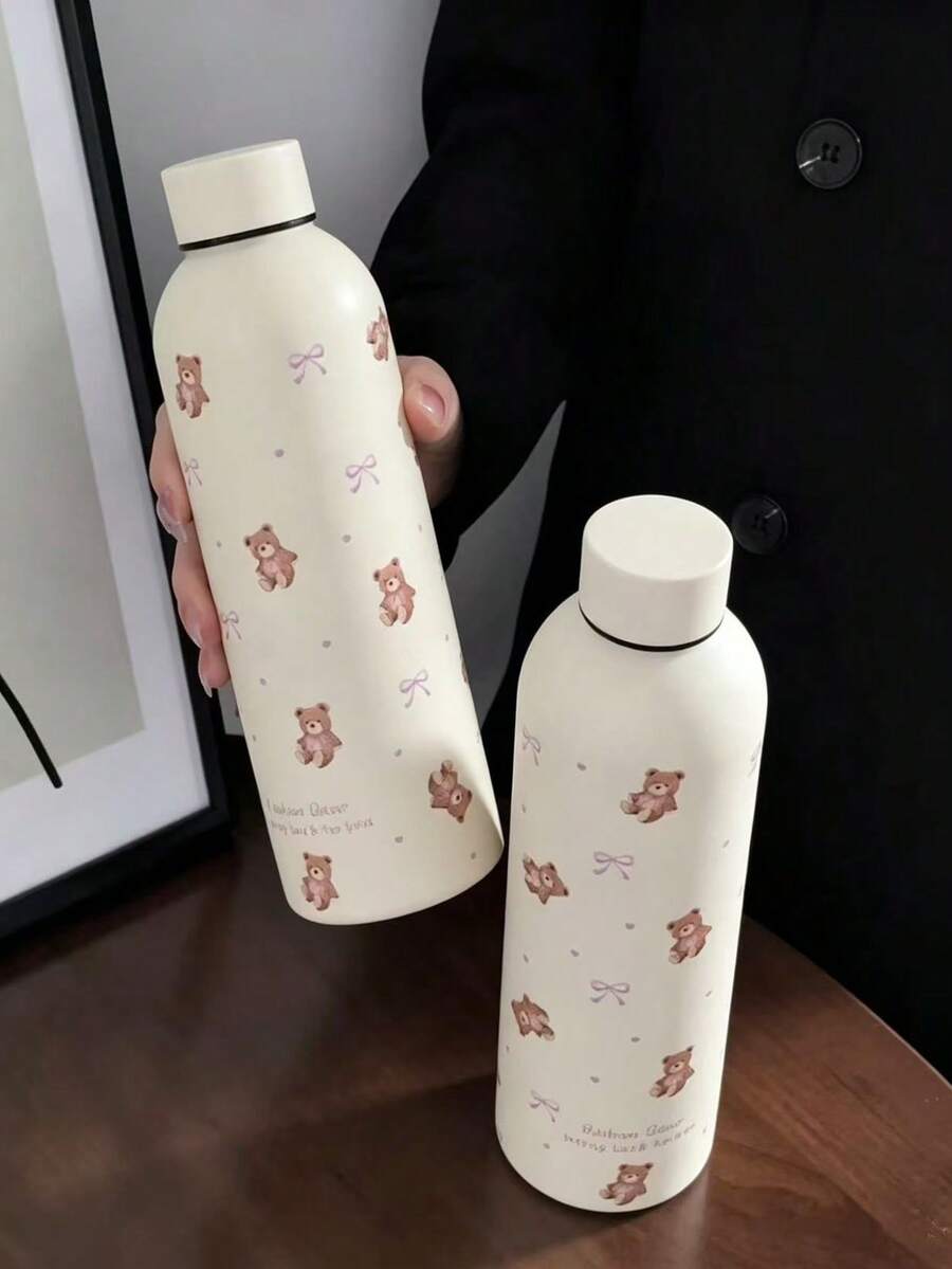 1pc Cream Teddy Bear Bow Print Handheld Ice Tumbler 304 Stainless Steel Double Wall Vacuum Insulated Cup Long-Lasting Cold & Hot Retention Large Capacity Water Cup Soft Cute INS Girl Style Portable Car Travel Cup For Students Office Workers Commuting Outdoor Fitness Home Coffee Water Cup Gift For Best Friend Girlfriend Birthday Thoughtful Practical Gift Autumn Travel Essential Christmas Gift College Must-Have Birthday - Multicolor - View 1