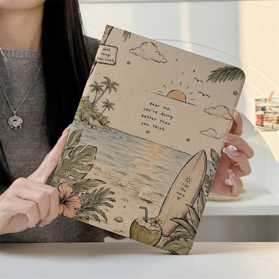 1件復古素描熱帶海灘衝浪板勵志文字平板保護殼，多角度磁吸支架蓋，支援自動休眠/喚醒，相容 iPad、Pad 5/6/7、Pad、MatePad、Pad、Honor Pad、Pad
