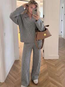 FOR BEAUTY Fall Winter Women Lounge Sets Y2K Cozy Grey Cable Knit Two Pieces Set Lapel Collar Sweaters Loose Wide Leg Pants Vacation Outfits - Light Grey - View 3