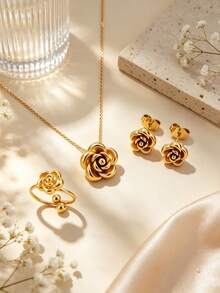 1 Set Minimalist Fashion Elegant Style Camellia Element Series Stainless Steel Women's Jewelry Set Suitable For Women's Daily Wear/Party/Evening/Commute/Holiday Gift - Yellow Gold - View 1