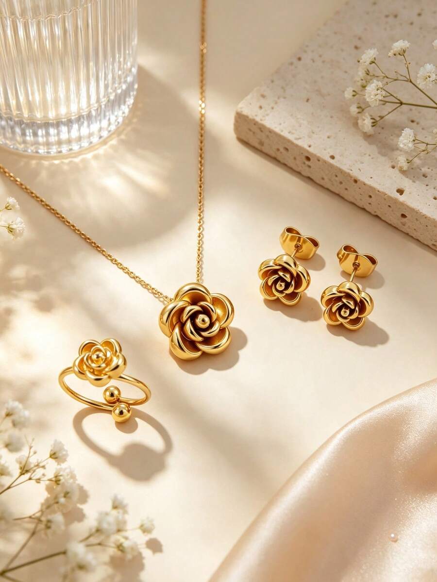 1 Set Minimalist Fashion Elegant Style Camellia Element Series Stainless Steel Women's Jewelry Set Suitable For Women's Daily Wear/Party/Evening/Commute/Holiday Gift - Yellow Gold - View 1