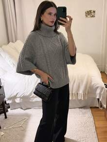 女款休閒秋冬純色灰色高領落肩袖收腰針織紋理毛衣上衣/日常通勤辦公套頭衫 - 灰色 - 查看 3