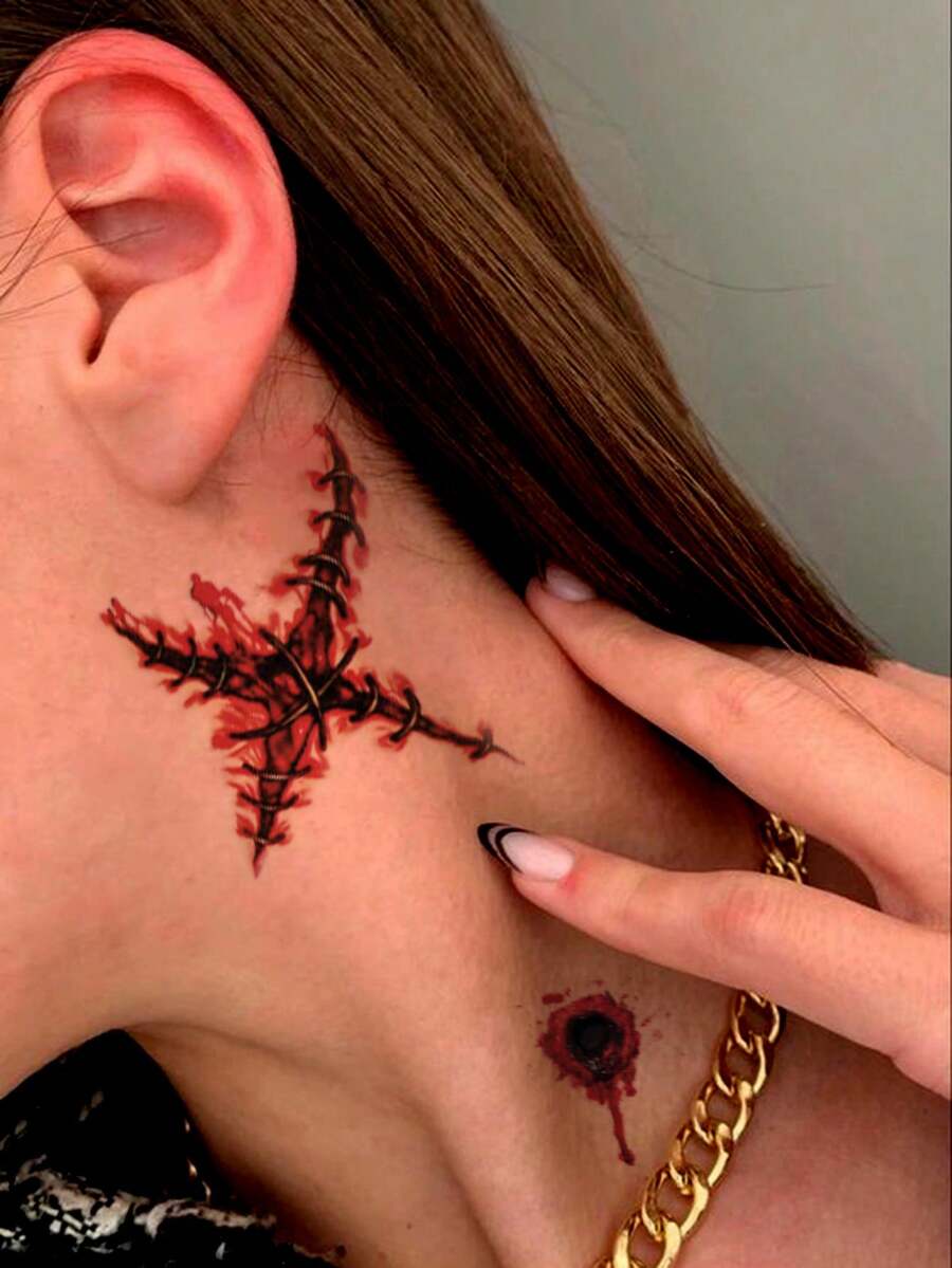 1pc Halloween Realistic Bullet Hole Fork-Shaped Monster Eye Wound Pattern Temporary Waterproof Tattoo Sticker For Arm, Shoulder, Neck, Waist, Abdomen, Body, Street Party Gift - Multicolor - View 1