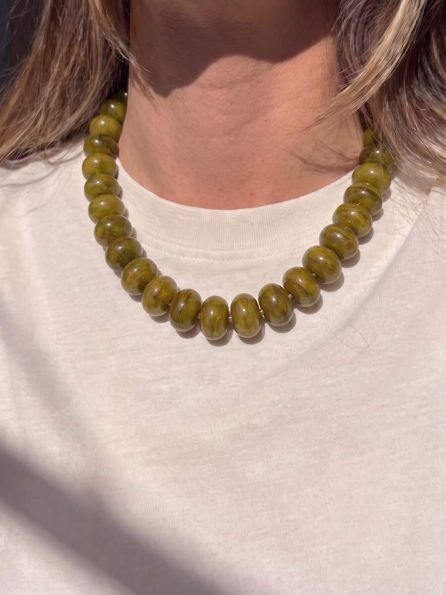 1pc Acrylic Colorful Gradient Beaded Necklace, Dopamine Accessory, Fashionable, Suitable For Daily Wear - Olive Green - View 1