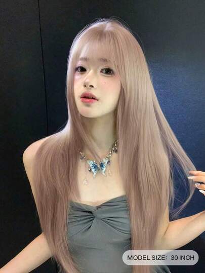 alicegarden 30-Inch Long Synthetic Wig Featuring A Natural Straight Style A Stunning Dusty Pink. Designed With Bangs , This False Hairpiece Is Perfect For Ms Daily Party Cosplay Use, Offering A Natural And Natural Durable Wig Gift For Ladies.