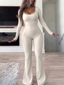 Apricot Square Neck Long Sleeve Flare Leg Jumpsuit, High Elastic Slim Fit Tight Jumpsuit, Hot Girl Outfit - Apricot - View 6