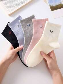 5 Pairs Women's Heart Pattern Mid-Calf Socks, White, Pink, Black, Casual Comfortable Mid-Calf Socks, College Style Student Socks, Fashionable Comfortable Suitable For Daily Wear, Spring Summer Autumn Winter All Seasons - Multicolor - View 3