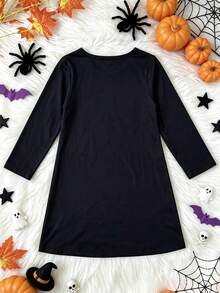 1pc Girls Toddler Casual Halloween Dress, Pink Purple Skull Little Ghost Heart Bat Spider Web Print, Soft Comfortable Knit Fabric, Suitable For Outdoor Wear, Autumn/Winter - Black - View 5