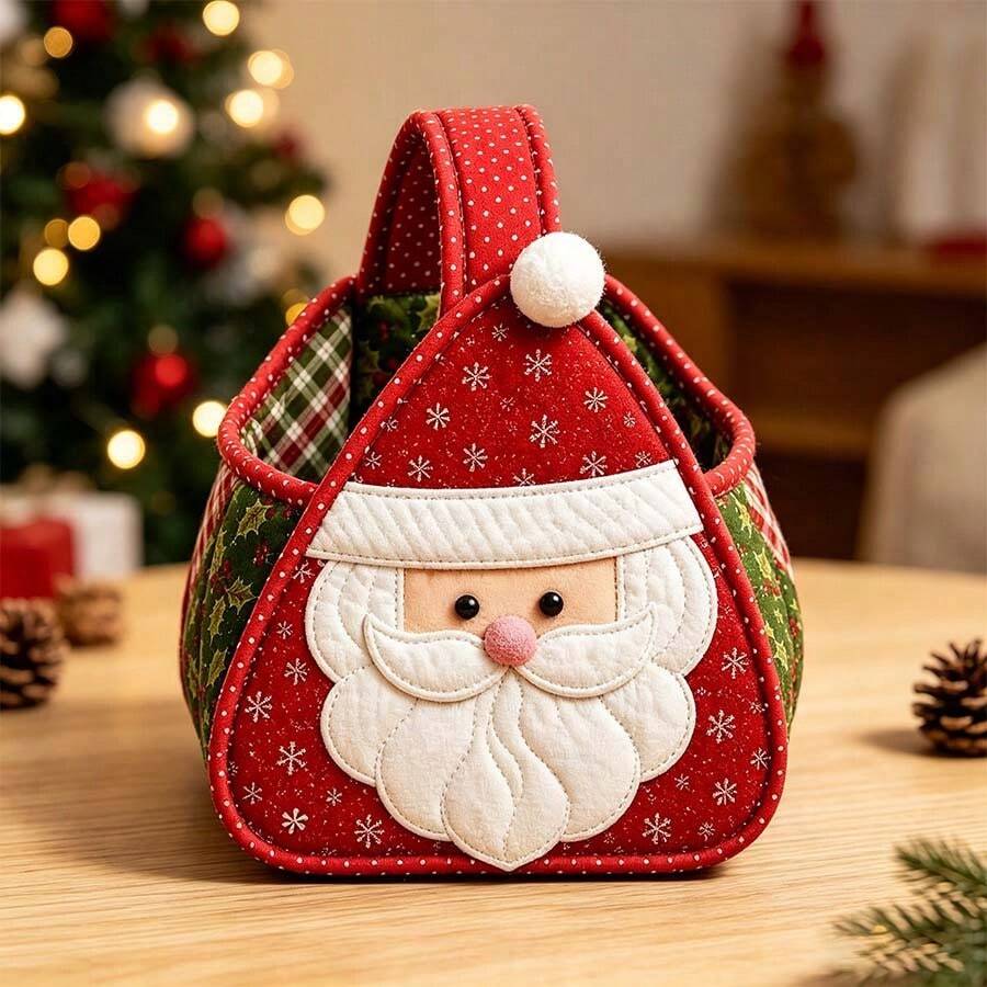Christmas Character Quilted Tote Basket DIY Fabric Kit, Handmade Sewing Storage Basket Set, Cute Christmas Design Home Holiday Storage, Desktop And Shelf Decor, Handmade DIY Craft Gift - Multicolor - View 1