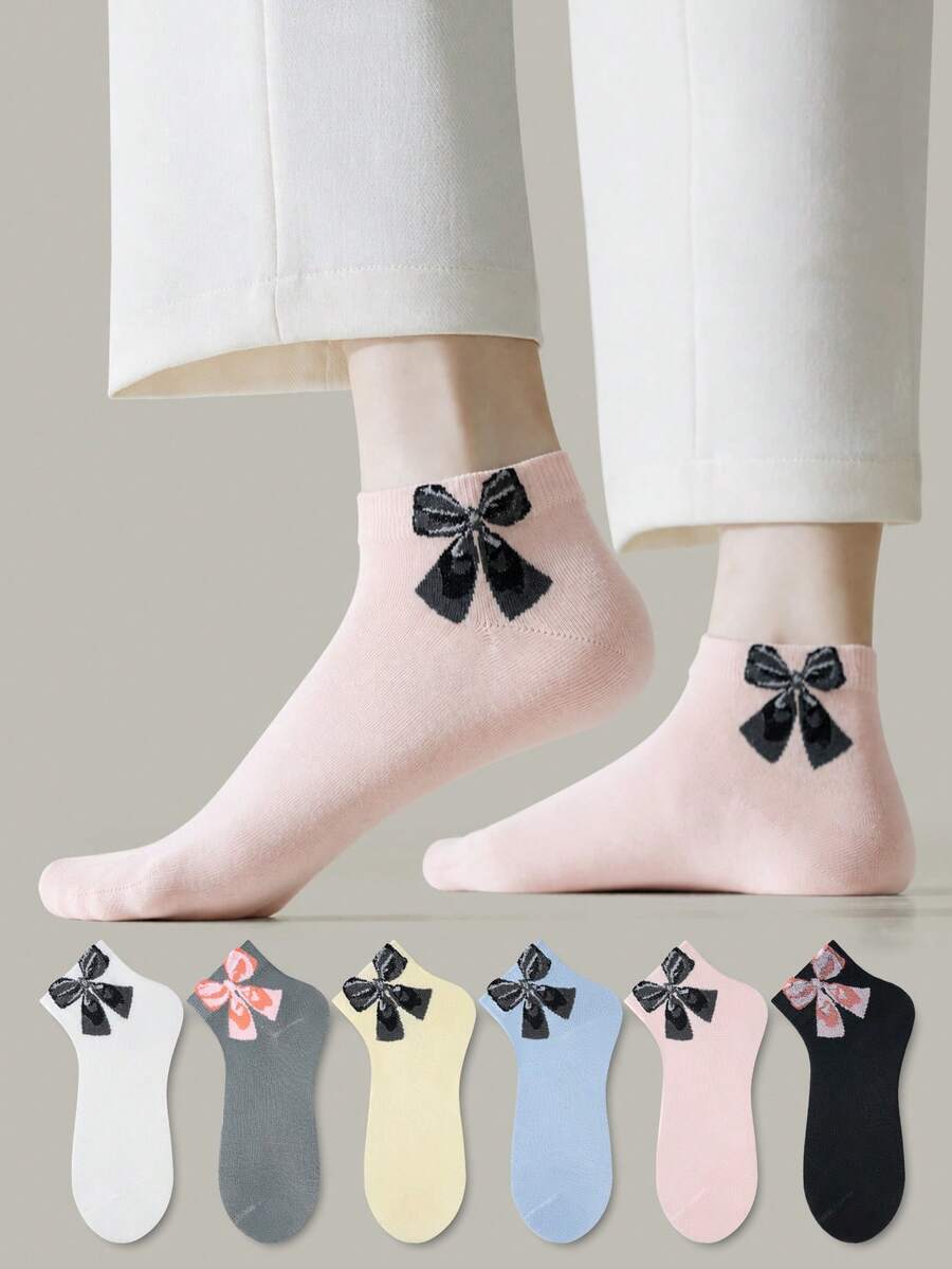 ZUJO 6 Pairs Women's Short Socks, Large Bow Print Pattern, Simple And Comfortable, Suitable For All Seasons, French Country Style, Random Color - Multicolor - View 1