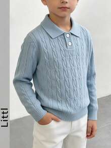 Boys 8-14Y Fall Winter Cable Knit Polo Sweater, Long Sleeve Button Collar Pullover, Loose Warm Basic Casual Knit Top For Daily Wear - Baby Blue - View 7