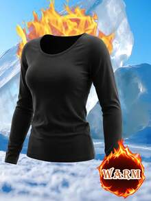 Women's Fleece Lined Thermal Underwear Set, Boat Neck Long Sleeve Top & High Waist Pants 2-Piece Set, Warm Base Layer For Cold Weather - Black - View 3