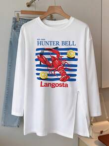 Women's American Style Fun Lobster Print Side Slit Long Sleeve T-Shirt, Loose Mid-Length Slouchy Flattering Versatile Casual Top - White - View 3