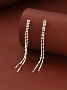 1 Pair Minimalist Blue Rhinestone Tassel Earrings Suitable For Women's Party, Evening Banquet, Stage Performance, Music Festival And Other Occasions - White - View 8