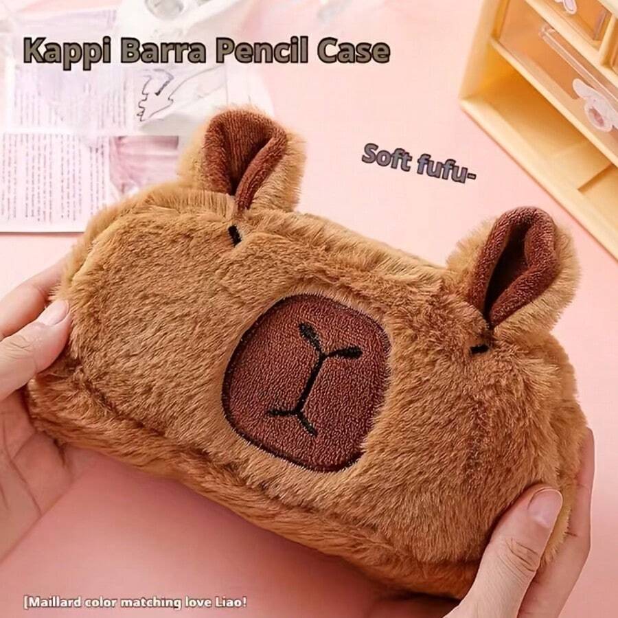 Maillard Color Capybara Plush Pencil Case, Soft Short Plush Embroidered Design, Large Capacity Zipper Storage, Student Stationery Organizer, Desktop Storage, Cute Capybara Plush Stationery Storage Bag, Holiday Gift - A - View 1