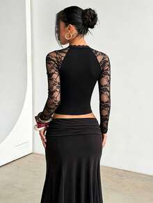 Stylish Black Sweetheart Neck Lace Sleeve Top For Women, Semi-Sheer Knitted Fabric For A Bodycon Look - Black - View 5