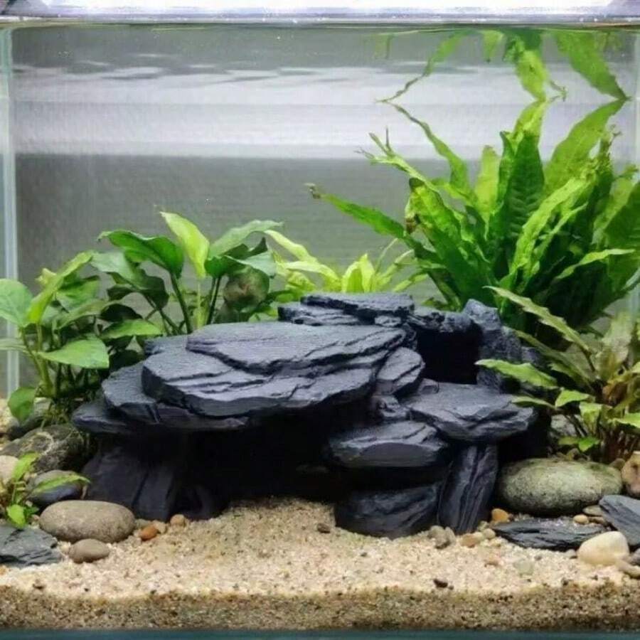 Stone Appearance Aquarium And Reptile Hide Cave, Rock Style Fish Tank Decoration Suitable For Fish, Shrimp, Gecko And Lizard, Plastic Material, Black/Grey/Light Brown - A - View 1