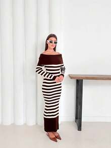 Women's Stylish Striped Bardot Dress - Brown - View 2