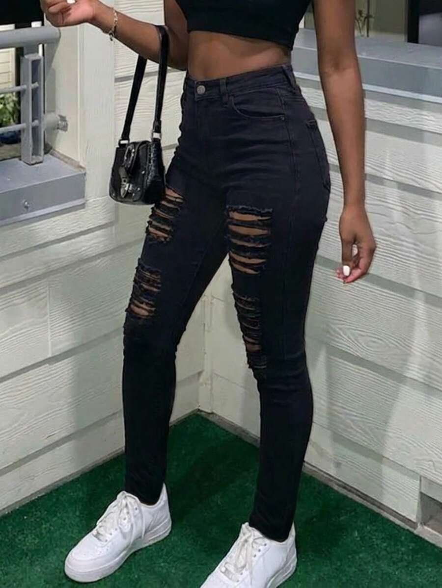 Women's Casual Black Skinny Ripped Denim Jeans With Pockets And Zipper, Medium Stretch Long Pants For Fall Outfits - Black - View 1