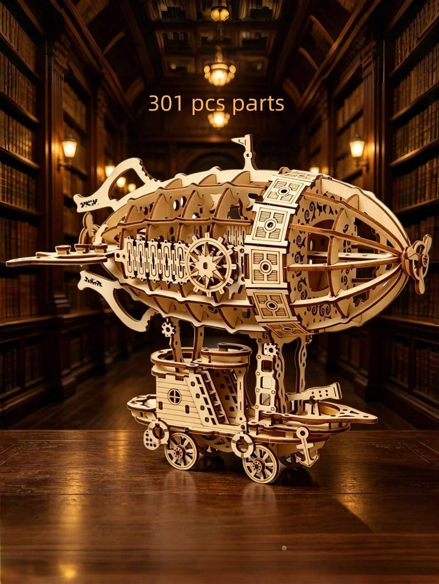301pcs 3D Wooden Airship Puzzle Kit, Model Assembly Set, Brain-Teasing Challenge, Christmas/Birthday Gift, Suitable For Adults And Teenagers To Assemble - Natural Wood-colored Airship - View 1