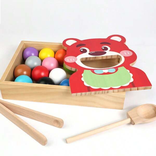 1 Set Montessori Early Education Bear Feeding Toy, Spoon Clamping Practice Color Sorting Balls, Parent-Child Interactive Wooden Educational Game