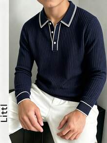 Boys Collared Knit Polo Shirt, Contrast White Trim Long Sleeve Ribbed Knit Pullover, Preppy Casual Top - Navy Blue - View 2