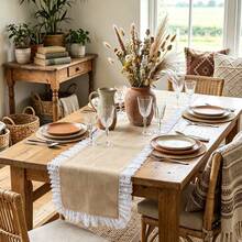 1pc Vintage Lace Trim Burlap Table Runner, Rustic Dining Table Decor, Wedding Party Atmosphere Long Tablecloth, American Farmhouse Style Dining Table Cover, Banquet Wedding Tabletop Decoration, Dining Table Coffee Table Decorative Tablecloth - Camel - View 8