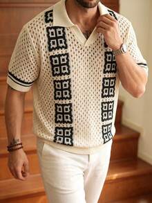 Men's Unisex POLO Collar Knit Sweater, Daily Commute Casual Versatile Colorblock High-End Four-Grid Minimalist Loose Short Sleeve V-Neck POLO Collar Knit Top, Spring/Summer - Apricot - View 2