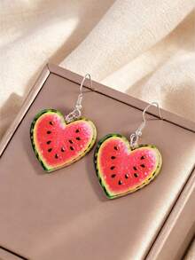 1 Pair Flat Bohemian Vacation Style Cute Watermelon Shaped Heart Acrylic Pendant Earrings - Multicolor - View 2
