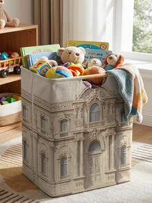 1PC Storage Basket, Laundry Hamper, Laundry Basket, Storage Bucket, House Print Design, Storage Basket With Wooden Handle, Foldable Multi‑Purpose Storage Bin, For Daily Clothes Organization - Multicolor - View 7