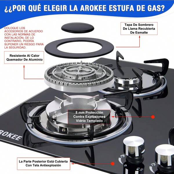Parrilla Empotrable Gas 5 Quemadores Vidrio Templado Negro AROKEEPotencia: 10.9 kW