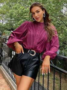 Simplee Women's Autumn Solid Color Lantern Sleeve Long Sleeve Blouse, Elegant Top, Back To School, Teacher Outfit - Red Violet - View 1