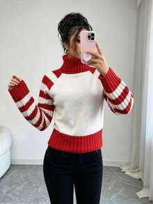 Women's Classic Red & White Colorblock High Neck Knit Sweater, Raglan Sleeves, Horizontal Stripes, Ribbed Cuffs & Hem, Loose Fit, Soft & Warm Pullover Top, Casual Everyday Wear For Autumn/Winter - Red and White - View 5