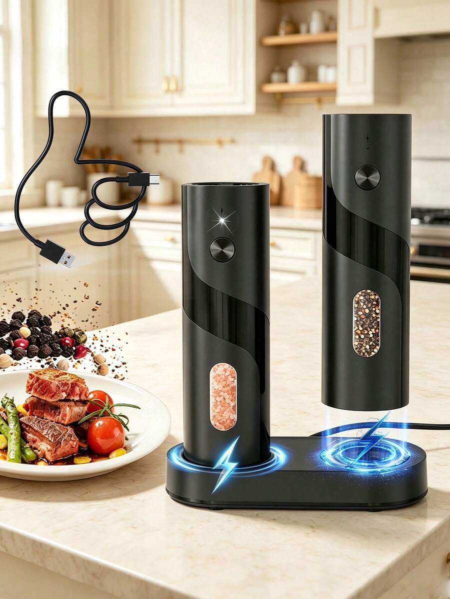 CLITON 電動鹽與胡椒研磨器，3種選項：單個可充電 / 2件組可充電 / 可充電底座套組，內置300mAh電池，USB充電，單手自動研磨附LED燈，節日廚房小工具
