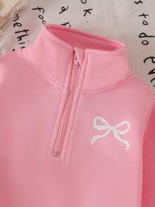 2pcs Baby Girl Spring/Autumn Casual Bow Print Pink Long Sleeve Sweatshirt & Long Pants Thin Sporty Set - Pink - View 6