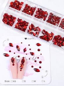 12-Grid Red Iridescent Resin Nail Art Rhinestones, Mixed Heart Butterfly Cat Eye Diamond Crystals In Multiple Sizes Flat Back Round, 3D Shiny Luxury Nail Decor, Suitable For Acrylic Nail Tips DIY Nail Art Decoration - Red - View 9