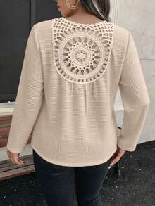 Plus Size Women's Small V-Neck Solid Color Knit Sweater With Hollow Back Patchwork Design - Apricot - View 2