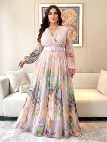 Plus Size Women's New Elegant Romantic Floral Patchwork Design Swing Dress Vacation - Apricot - View 3