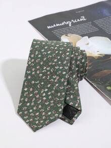 1 buah Dasi Wanita Kasual Serbaguna Motif Bunga untuk Hari Valentine, Dibuat dengan Tangan - Motif bunga hijau gelap, diketik tangan. - View 3