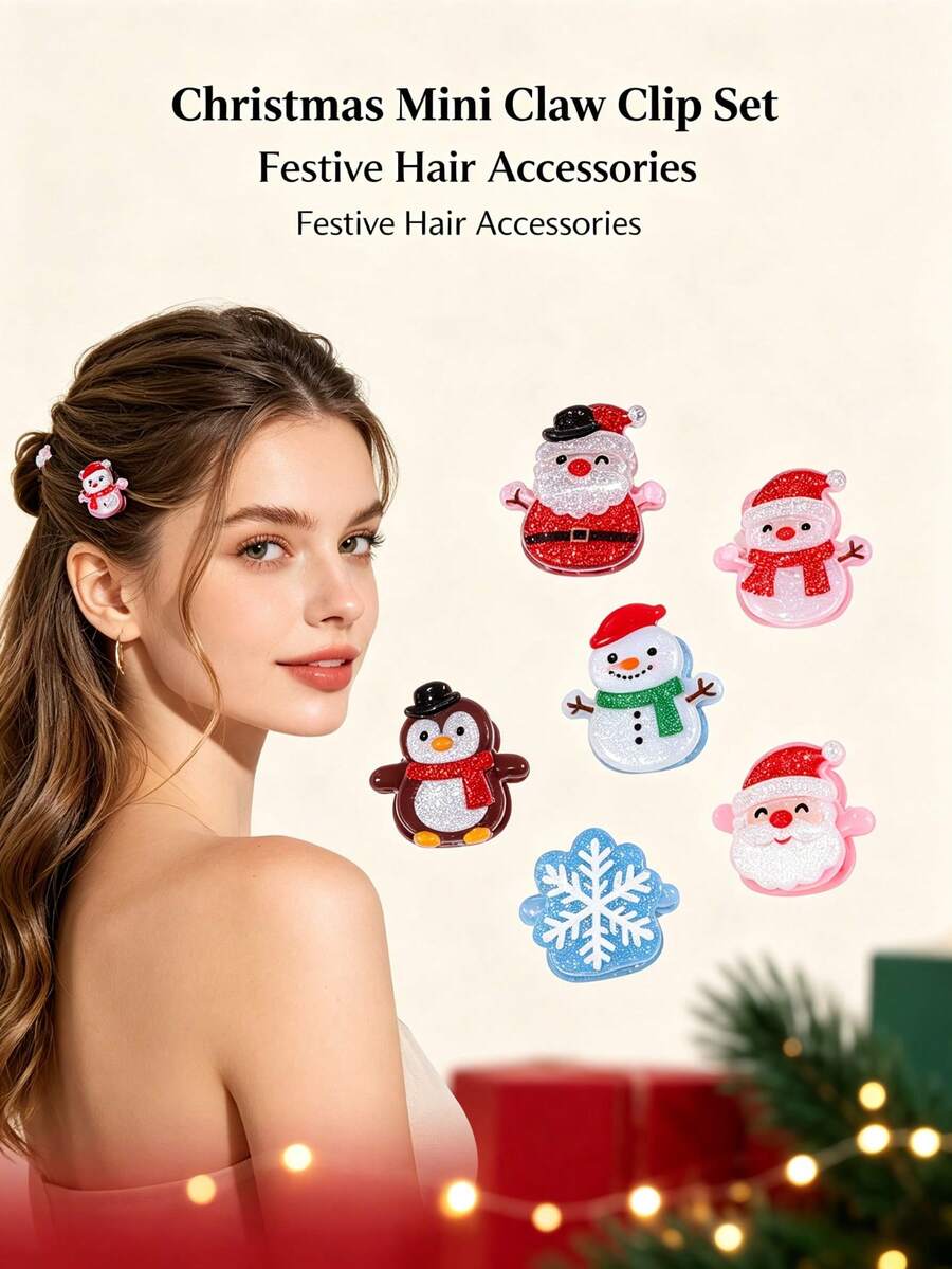 Weihnachts Mini Haarspangen Set, süßer Weihnachtsmann, Schneemann, Pinguin, Schneeflocke Haarspangen, mädchenhafte Feiertags-Seitenhaarspangen, neue Cartoon glänzende Haarzubehör, Weihnachtsparty Outfit Zubehör, exquisites Nischen-Geschenk, sicherer Griff und rutschfest - Verschiedenfarbig - Übersicht 1